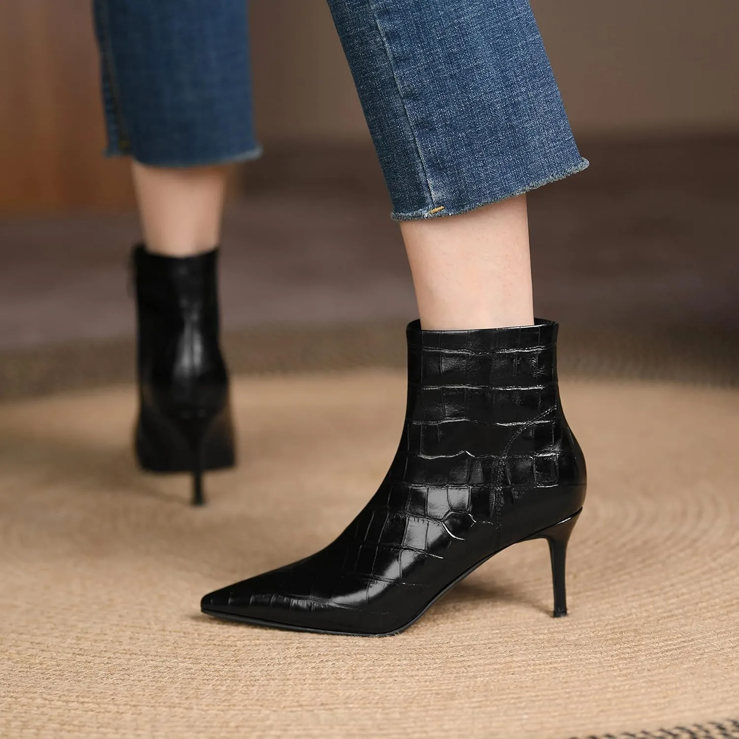 LEMUTISME Women's Stylish Pointed Toe Middle Seam Zip Up Low Kitten Heel Dressy Ankle Booties For Office Party Evening