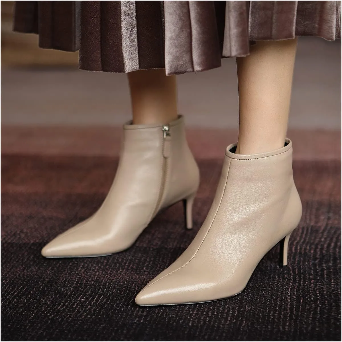 LEMUTISME Women's Stylish Pointed Toe Middle Seam Zip Up Low Kitten Heel Dressy Ankle Booties For Office Party Evening