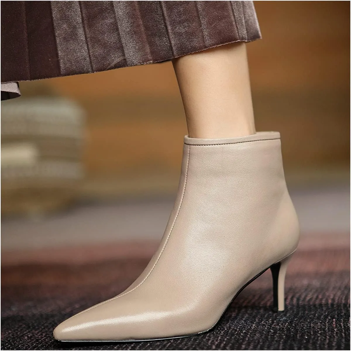 LEMUTISME Women's Stylish Pointed Toe Middle Seam Zip Up Low Kitten Heel Dressy Ankle Booties For Office Party Evening