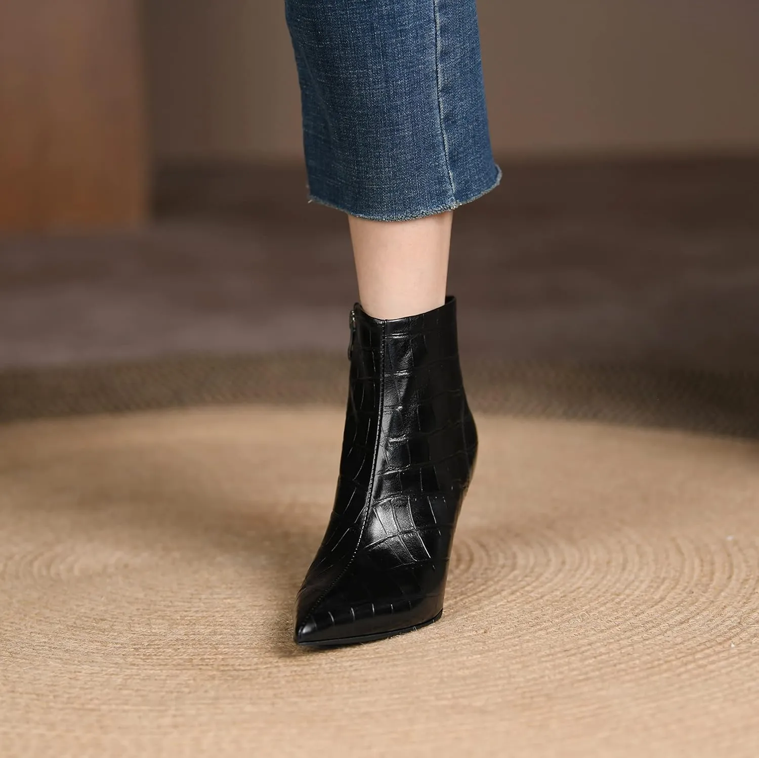 LEMUTISME Women's Stylish Pointed Toe Middle Seam Zip Up Low Kitten Heel Dressy Ankle Booties For Office Party Evening
