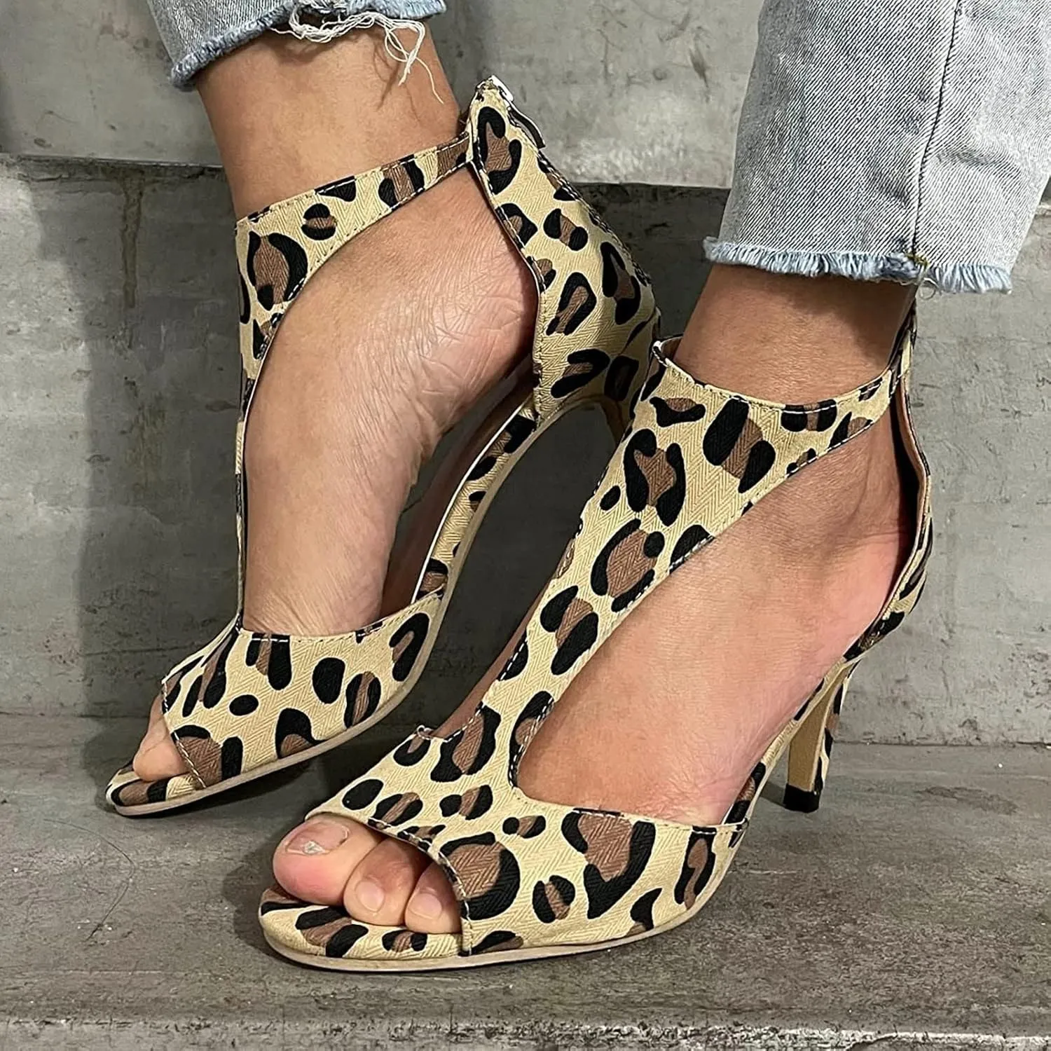 Leopard Print Women's High Heel Open Toe Fine Heel Hollow Fish Mouth Heeled Sandals Back Zipper Shallow Mouth Evening Shoes Stylish Party Shoes