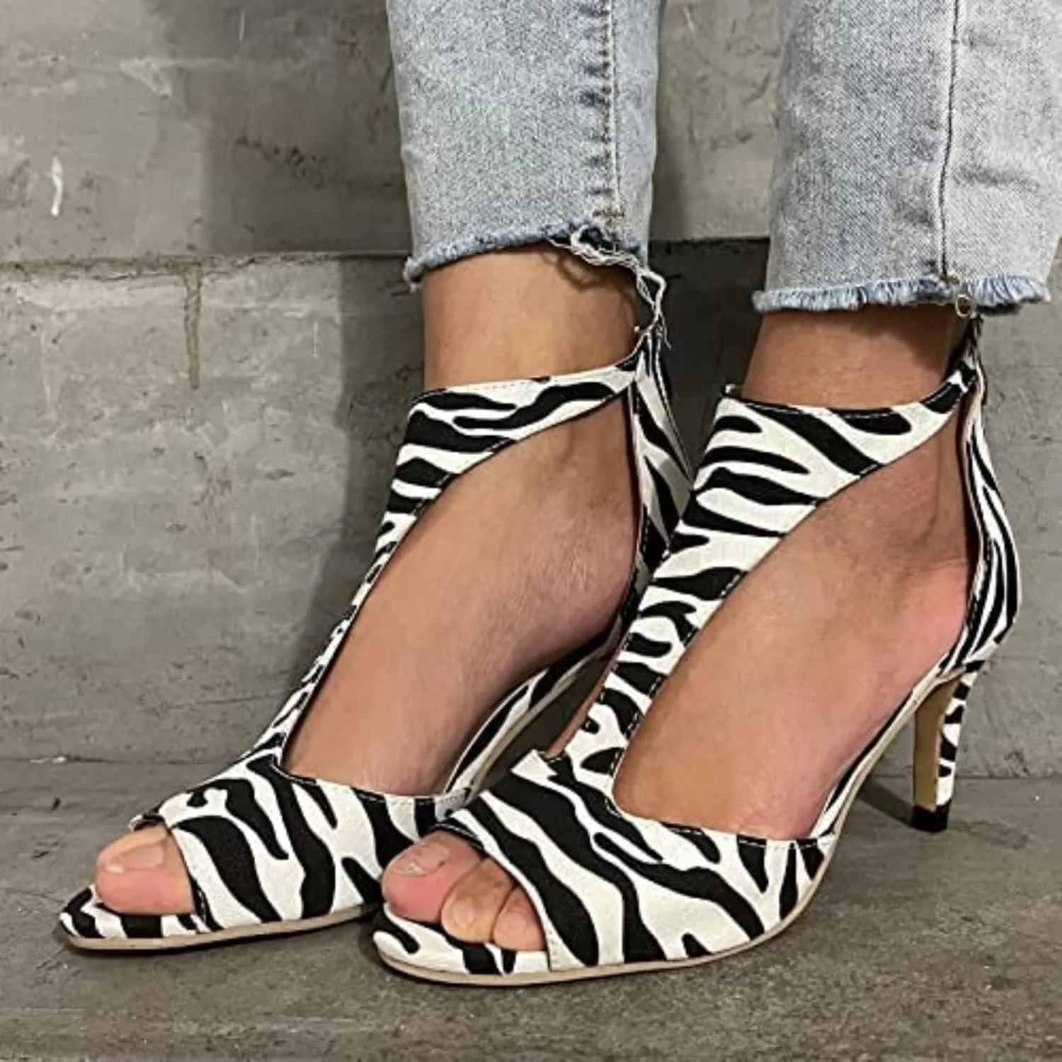 Leopard Print Women's High Heel Open Toe Fine Heel Hollow Fish Mouth Heeled Sandals Back Zipper Shallow Mouth Evening Shoes Stylish Party Shoes