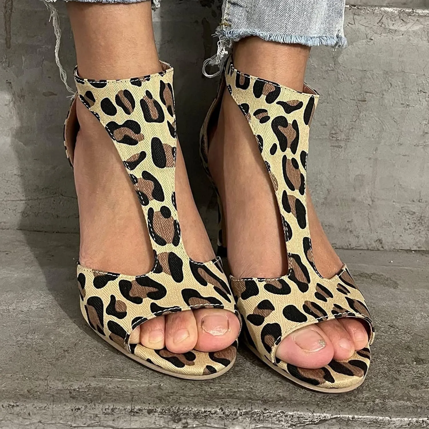 Leopard Print Women's High Heel Open Toe Fine Heel Hollow Fish Mouth Heeled Sandals Back Zipper Shallow Mouth Evening Shoes Stylish Party Shoes