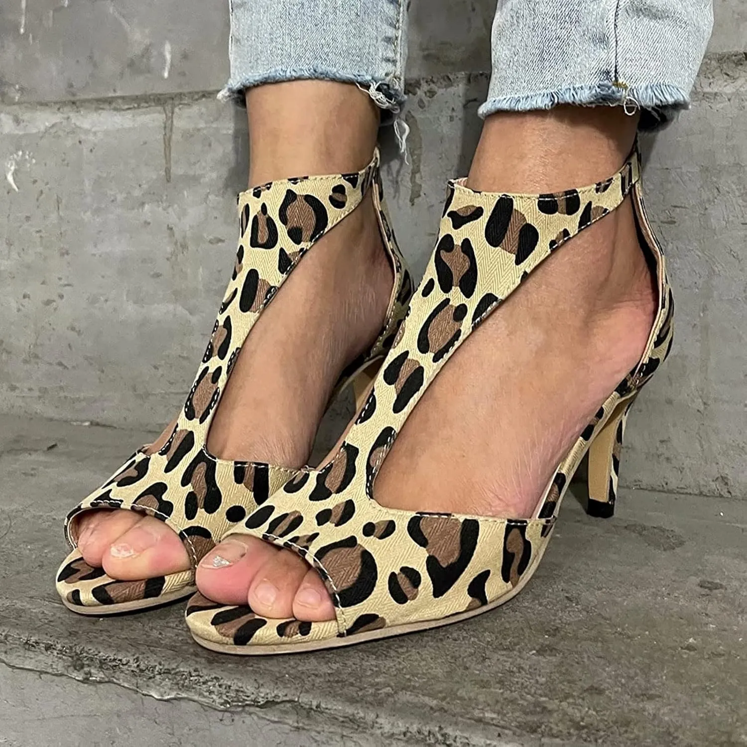 Leopard Print Women's High Heel Open Toe Fine Heel Hollow Fish Mouth Heeled Sandals Back Zipper Shallow Mouth Evening Shoes Stylish Party Shoes