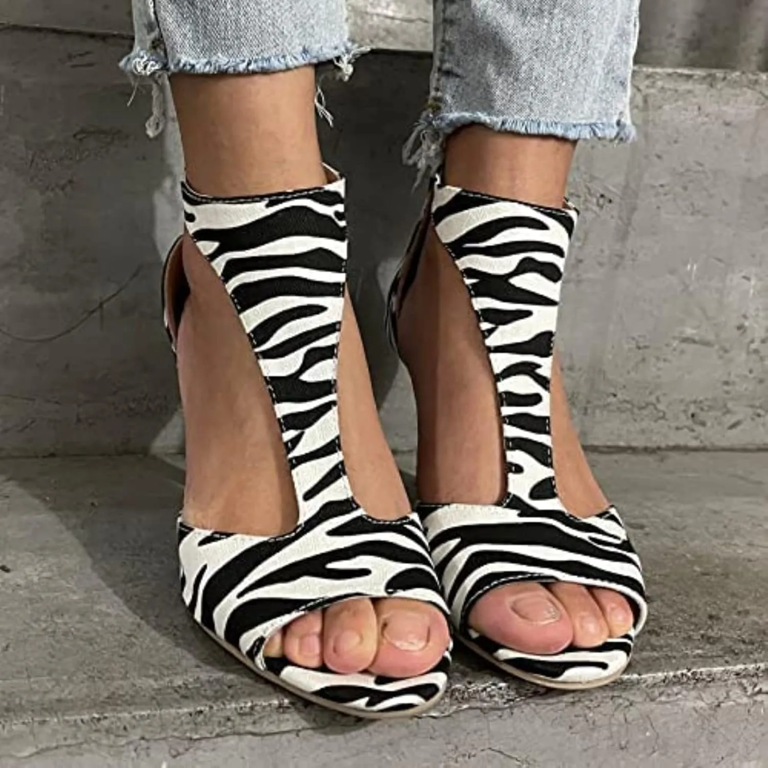 Leopard Print Women's High Heel Open Toe Fine Heel Hollow Fish Mouth Heeled Sandals Back Zipper Shallow Mouth Evening Shoes Stylish Party Shoes