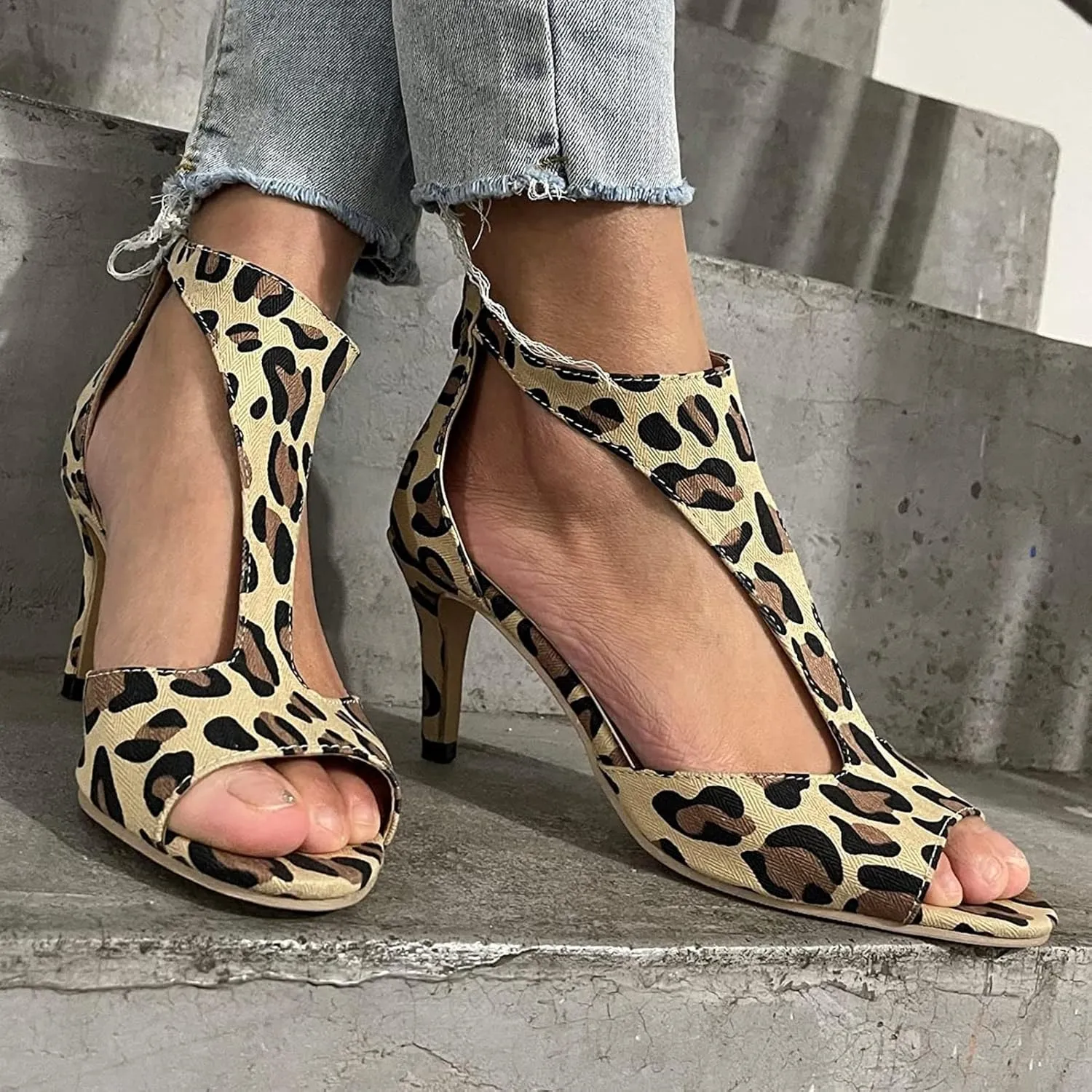 Leopard Print Women's High Heel Open Toe Fine Heel Hollow Fish Mouth Heeled Sandals Back Zipper Shallow Mouth Evening Shoes Stylish Party Shoes