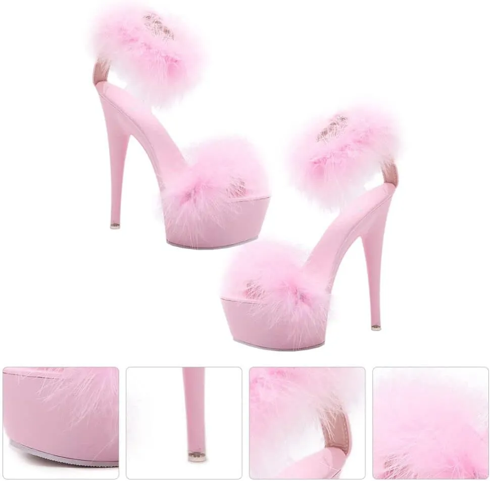 LIFKOME 1pair Super High Heel Fur Shoes Fur Heels for Women Heels with Fur for Women No-slip Sandals Stripper Heels Open Wedding Slippers Women Shoes Woman Upper: Faux Pointy Strap