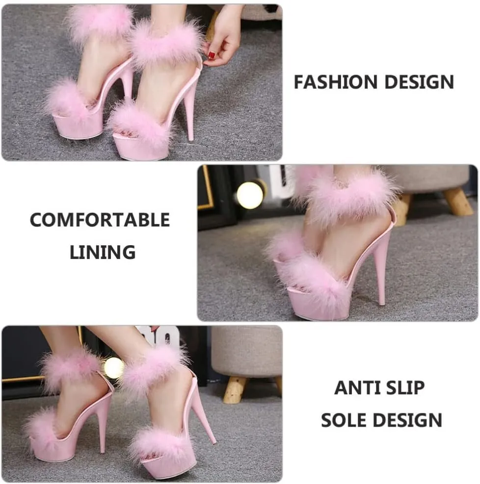 LIFKOME 1pair Super High Heel Fur Shoes Fur Heels for Women Heels with Fur for Women No-slip Sandals Stripper Heels Open Wedding Slippers Women Shoes Woman Upper: Faux Pointy Strap