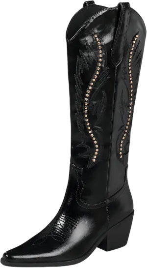 LingxiaUne Red Embroidered Cowboy Boots For Women Stylish Western Cowgirl Boot With Pointed Toe Chunky Block Heel Comfortable Shoes Mid Calf Boot For Party Prom Music Festival Pull On