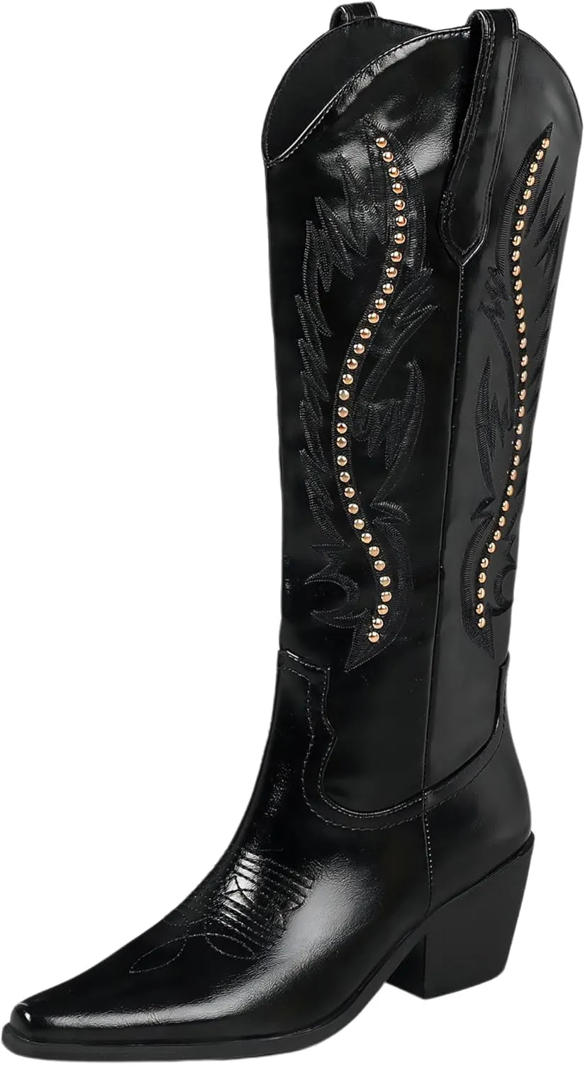 LingxiaUne Red Embroidered Cowboy Boots For Women Stylish Western Cowgirl Boot With Pointed Toe Chunky Block Heel Comfortable Shoes Mid Calf Boot For Party Prom Music Festival Pull On