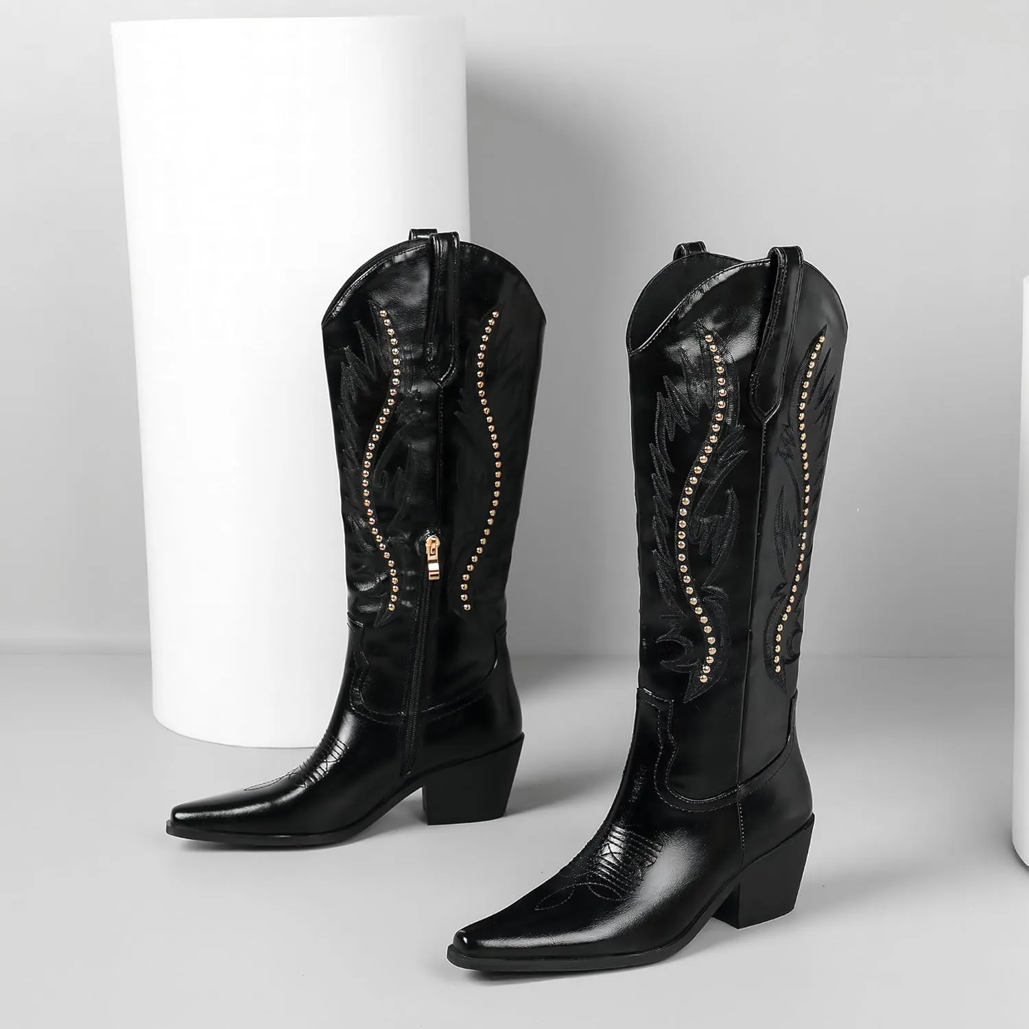LingxiaUne Red Embroidered Cowboy Boots For Women Stylish Western Cowgirl Boot With Pointed Toe Chunky Block Heel Comfortable Shoes Mid Calf Boot For Party Prom Music Festival Pull On