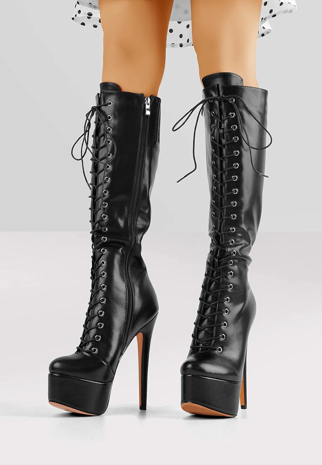 LISHAN Women's Fashion Stiletto Heels Platform Lace Up Knee High Boots