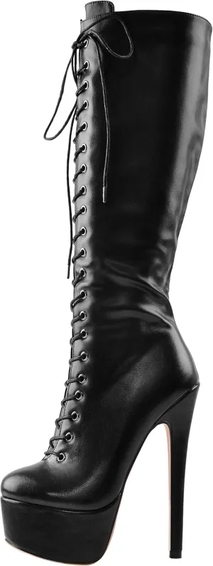 LISHAN Women's Fashion Stiletto Heels Platform Lace Up Knee High Boots