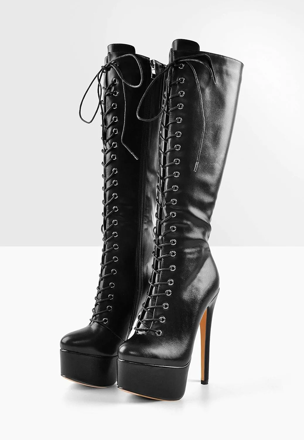 LISHAN Women's Fashion Stiletto Heels Platform Lace Up Knee High Boots