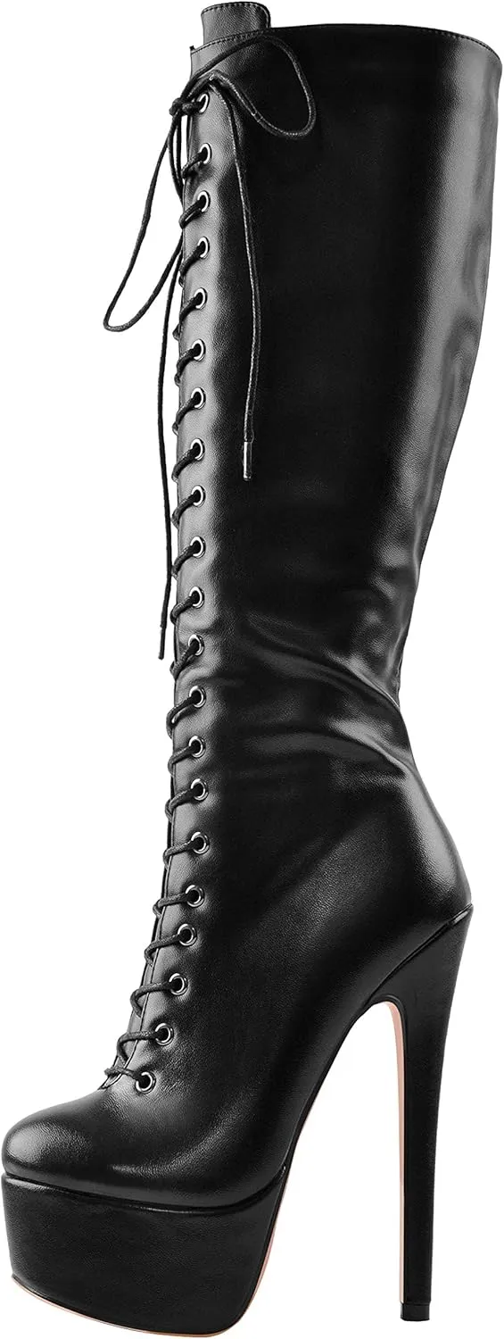 LISHAN Women's Fashion Stiletto Heels Platform Lace Up Knee High Boots