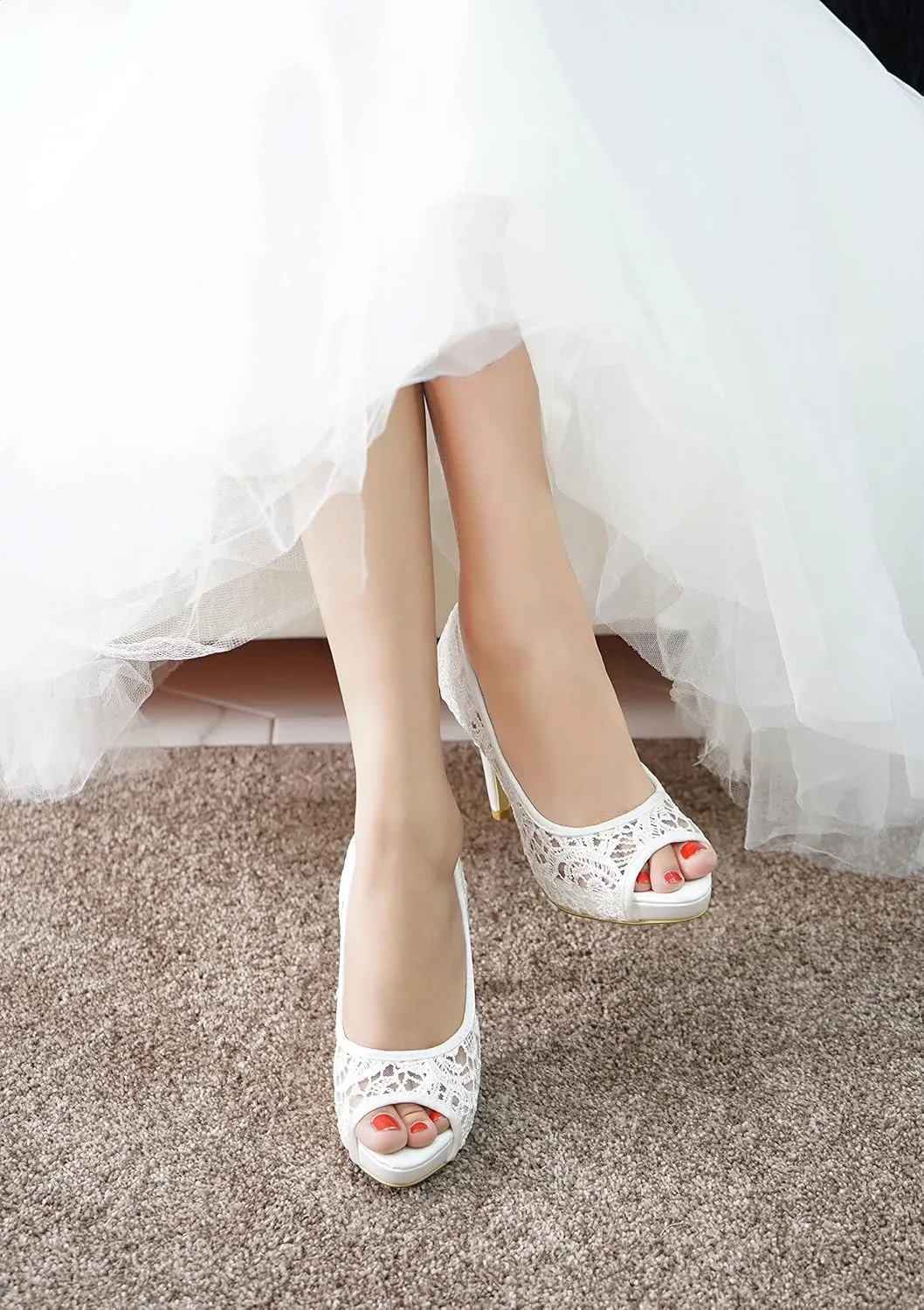 LizFoYa Women Peep Toe Wedding High Heels Lace Embroidery Bridal Pumps Shoes Slip On Evening Platform Heels