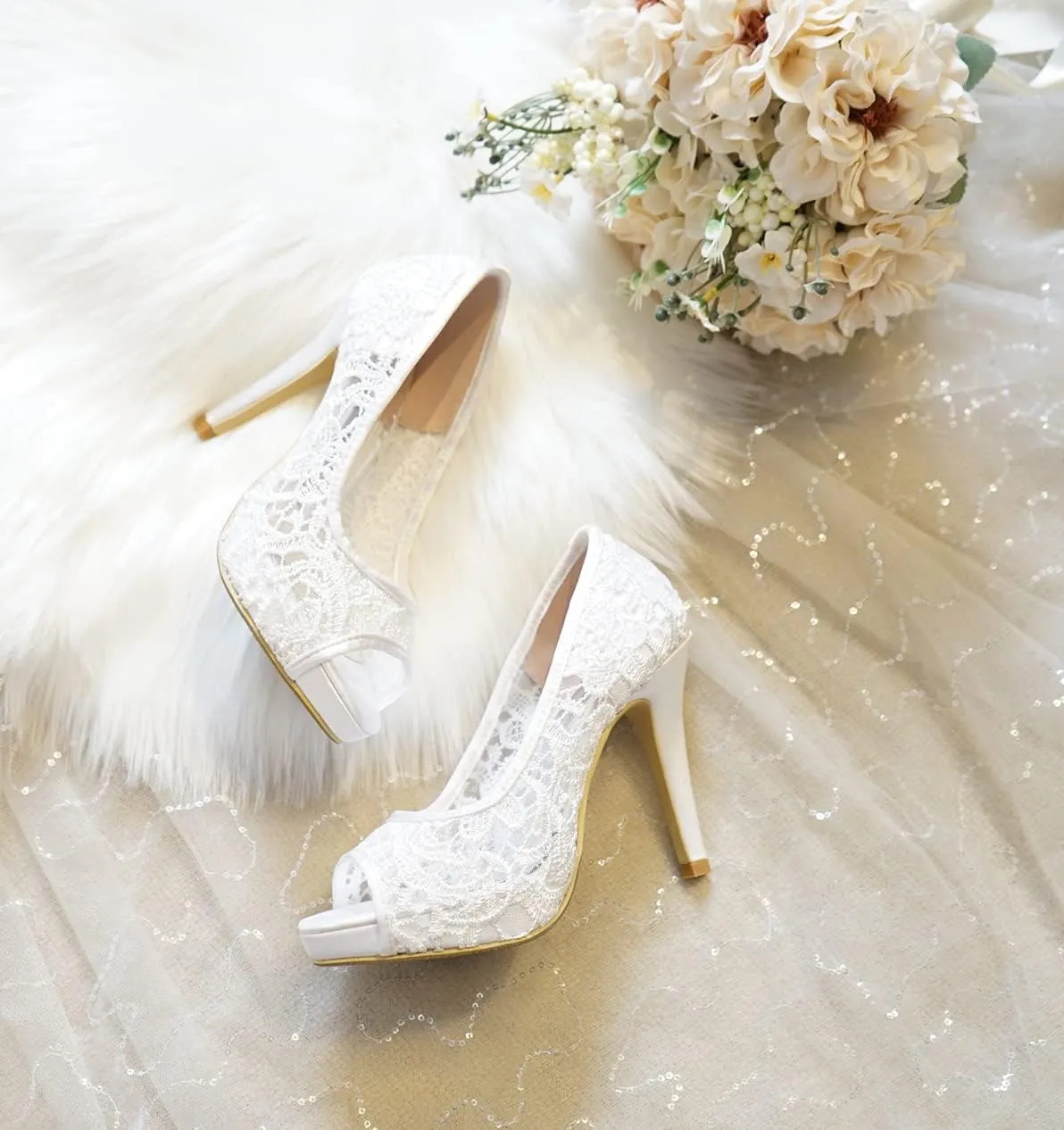 LizFoYa Women Peep Toe Wedding High Heels Lace Embroidery Bridal Pumps Shoes Slip On Evening Platform Heels