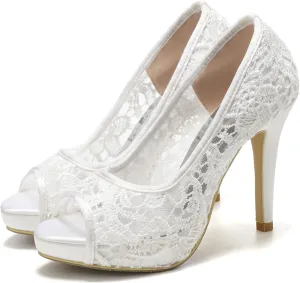 LizFoYa Women Peep Toe Wedding High Heels Lace Embroidery Bridal Pumps Shoes Slip On Evening Platform Heels