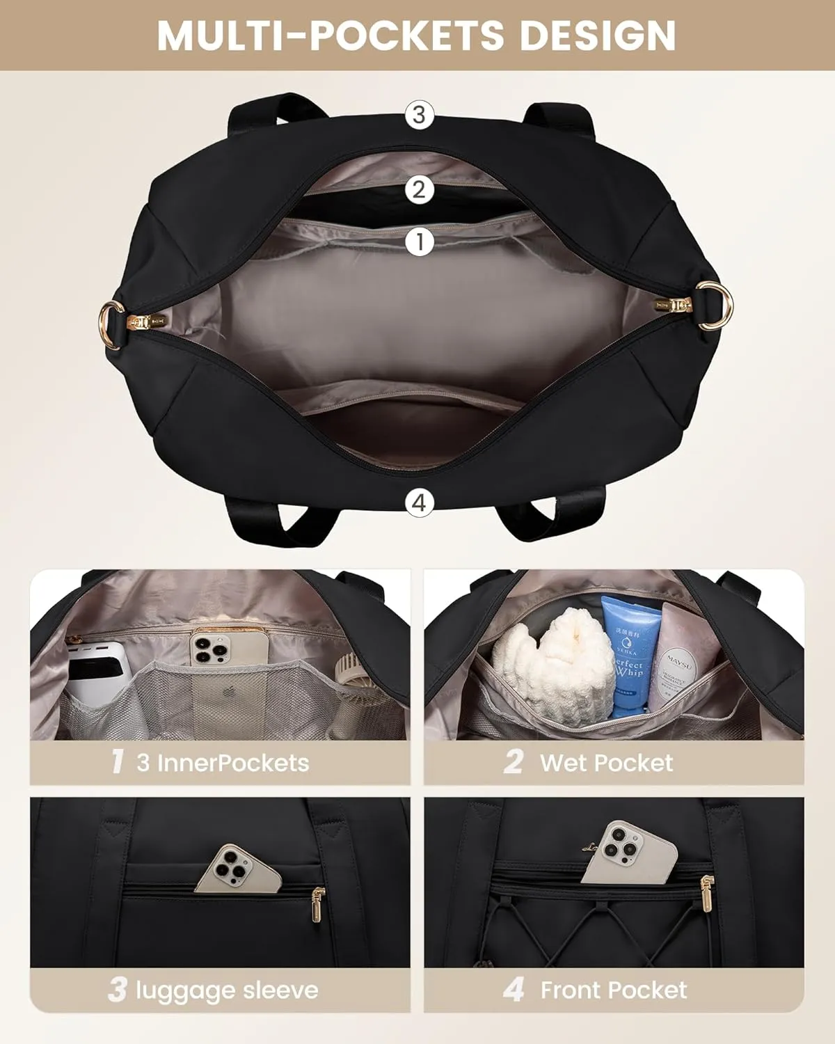 LOVEVOOK Gym Bag for Women, Travel Duffle Bag, Lightweight Drawstring Weekender Overnight Bag With Shoe Compartment & Wet Pocket, Water Resistant Carry-on Sports Bag for Travel Fitness Swimming Yoga
