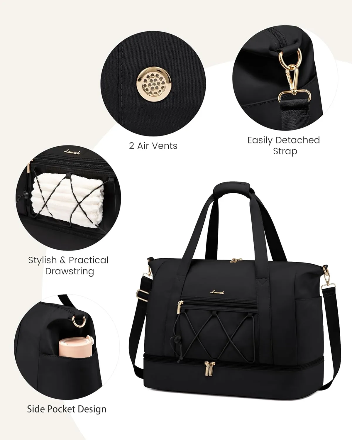 LOVEVOOK Gym Bag for Women, Travel Duffle Bag, Lightweight Drawstring Weekender Overnight Bag With Shoe Compartment & Wet Pocket, Water Resistant Carry-on Sports Bag for Travel Fitness Swimming Yoga