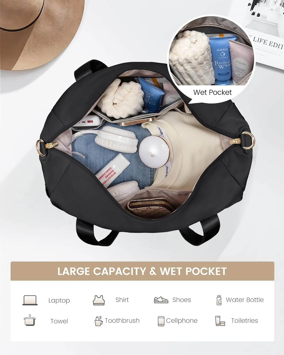 LOVEVOOK Gym Bag for Women, Travel Duffle Bag, Lightweight Drawstring Weekender Overnight Bag With Shoe Compartment & Wet Pocket, Water Resistant Carry-on Sports Bag for Travel Fitness Swimming Yoga