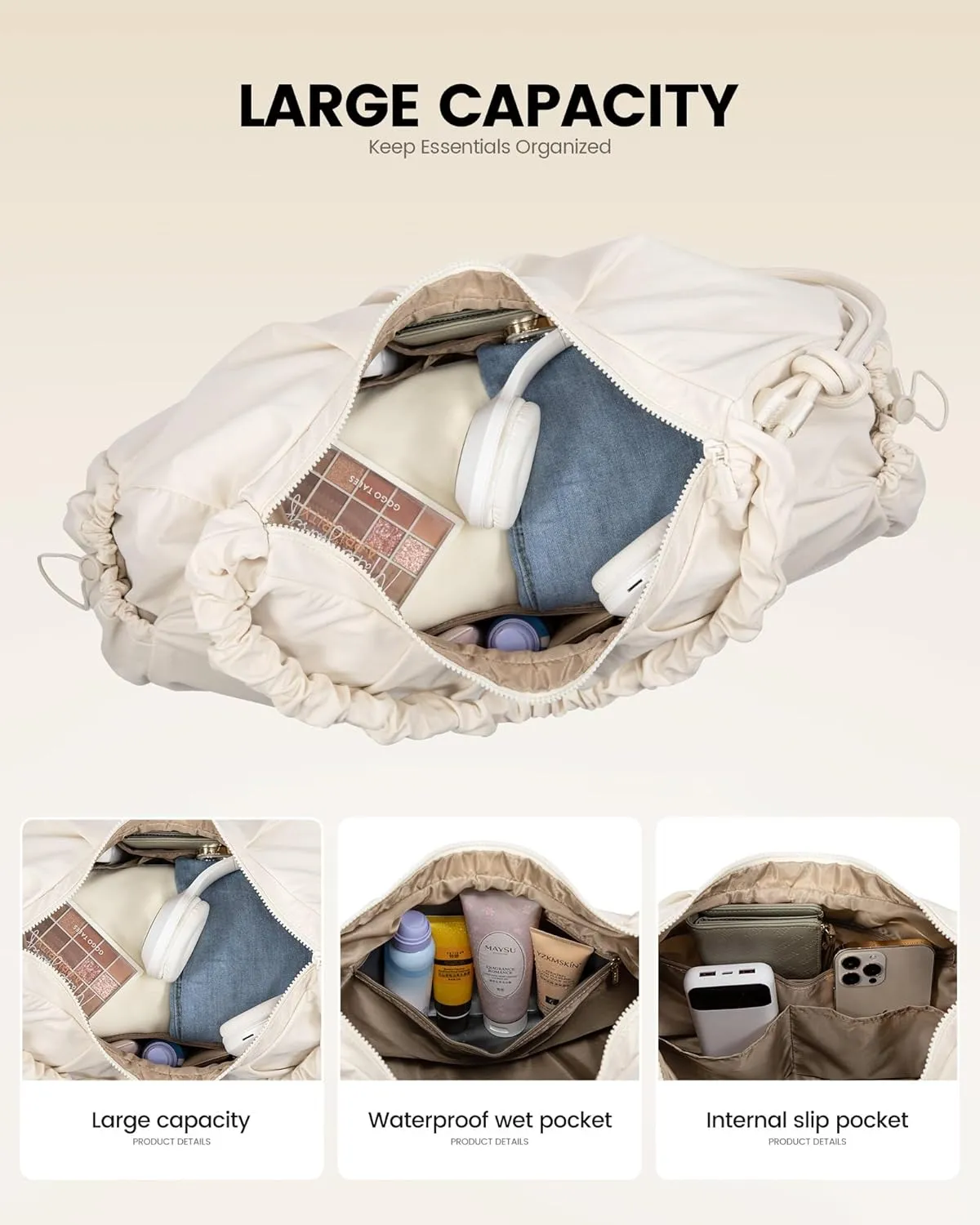 LOVEVOOK Gym Duffel Bag for Women, Weekender Overnight Bag with Wet Pocket, Workout Dance Bag, Sports Tote Bags with Hidden Yoga Mat Holder- Beige