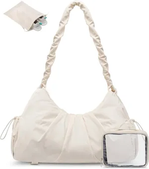 LOVEVOOK Gym Duffel Bag for Women, Weekender Overnight Bag with Wet Pocket, Workout Dance Bag, Sports Tote Bags with Hidden Yoga Mat Holder- Beige