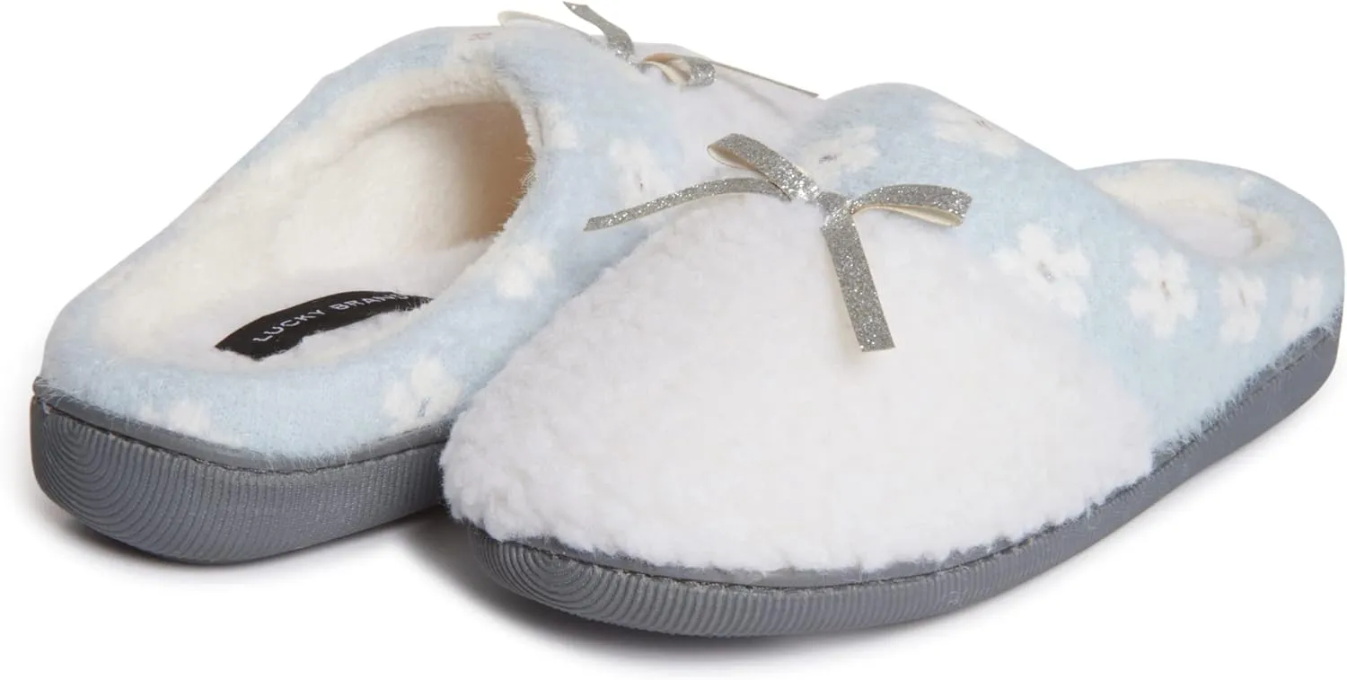 Lucky Brand Little Girls Floral Collar Bow Sherpa Clog Slippers, Kids Fuzzy Cozy Warm Slip On Bedroom Slipper House Shoes