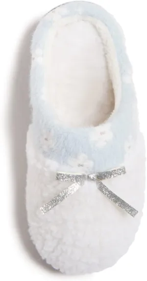 Lucky Brand Little Girls Floral Collar Bow Sherpa Clog Slippers, Kids Fuzzy Cozy Warm Slip On Bedroom Slipper House Shoes