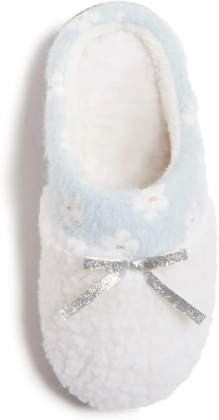 Lucky Brand Little Girls Floral Collar Bow Sherpa Clog Slippers, Kids Fuzzy Cozy Warm Slip On Bedroom Slipper House Shoes