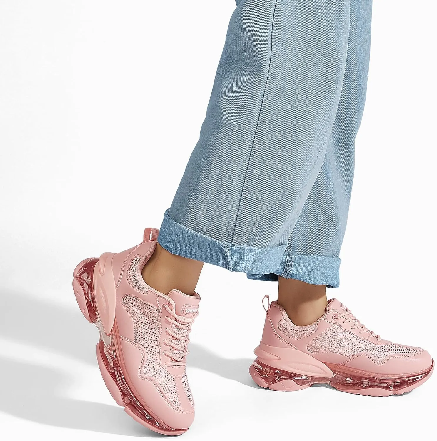 LUCKY STEP Women's Air Cushion Rhinestone Fashion Sneakers Chunky Rave Sparkly Casual Comfortable Walking Shoes