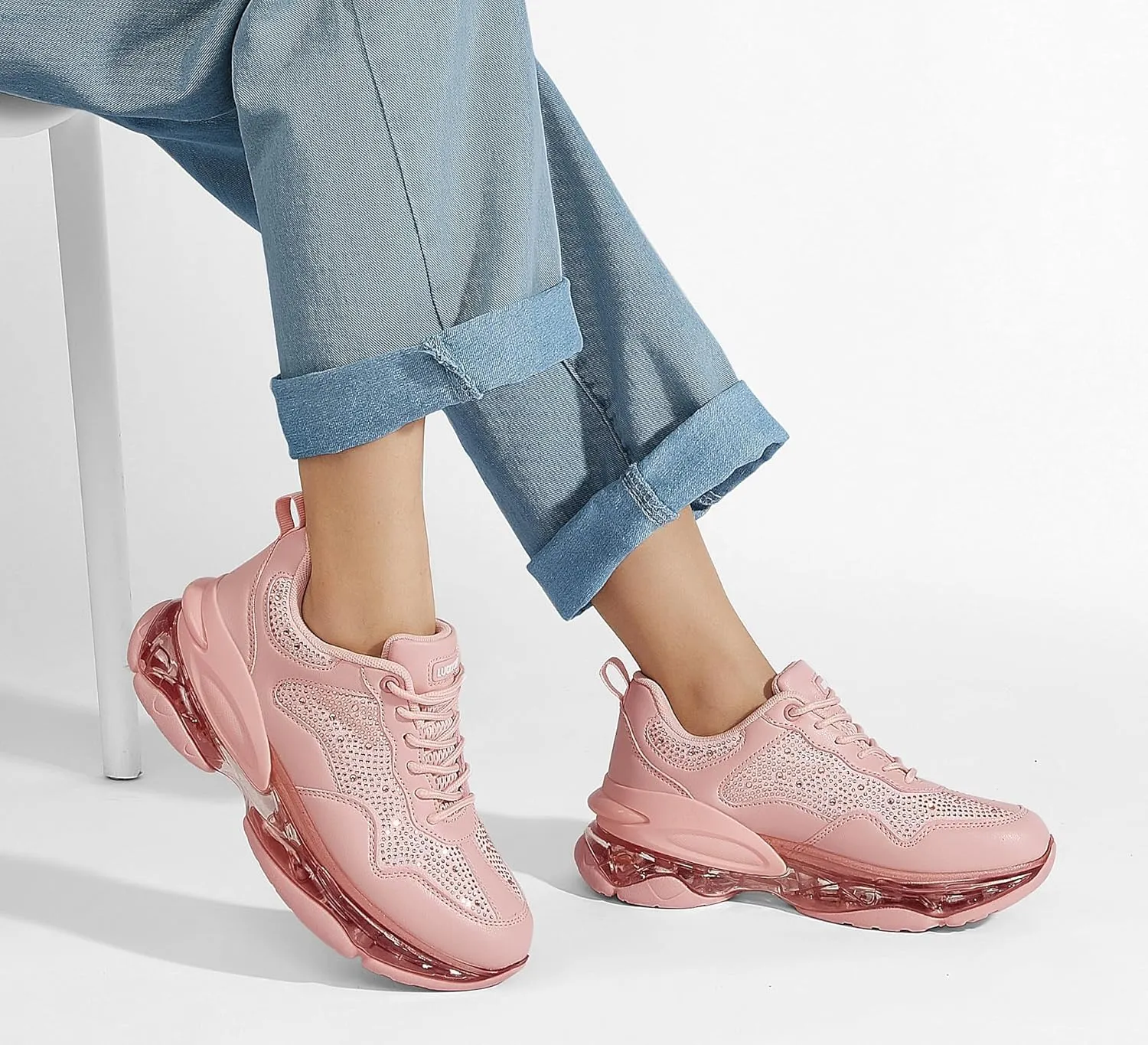 LUCKY STEP Women's Air Cushion Rhinestone Fashion Sneakers Chunky Rave Sparkly Casual Comfortable Walking Shoes