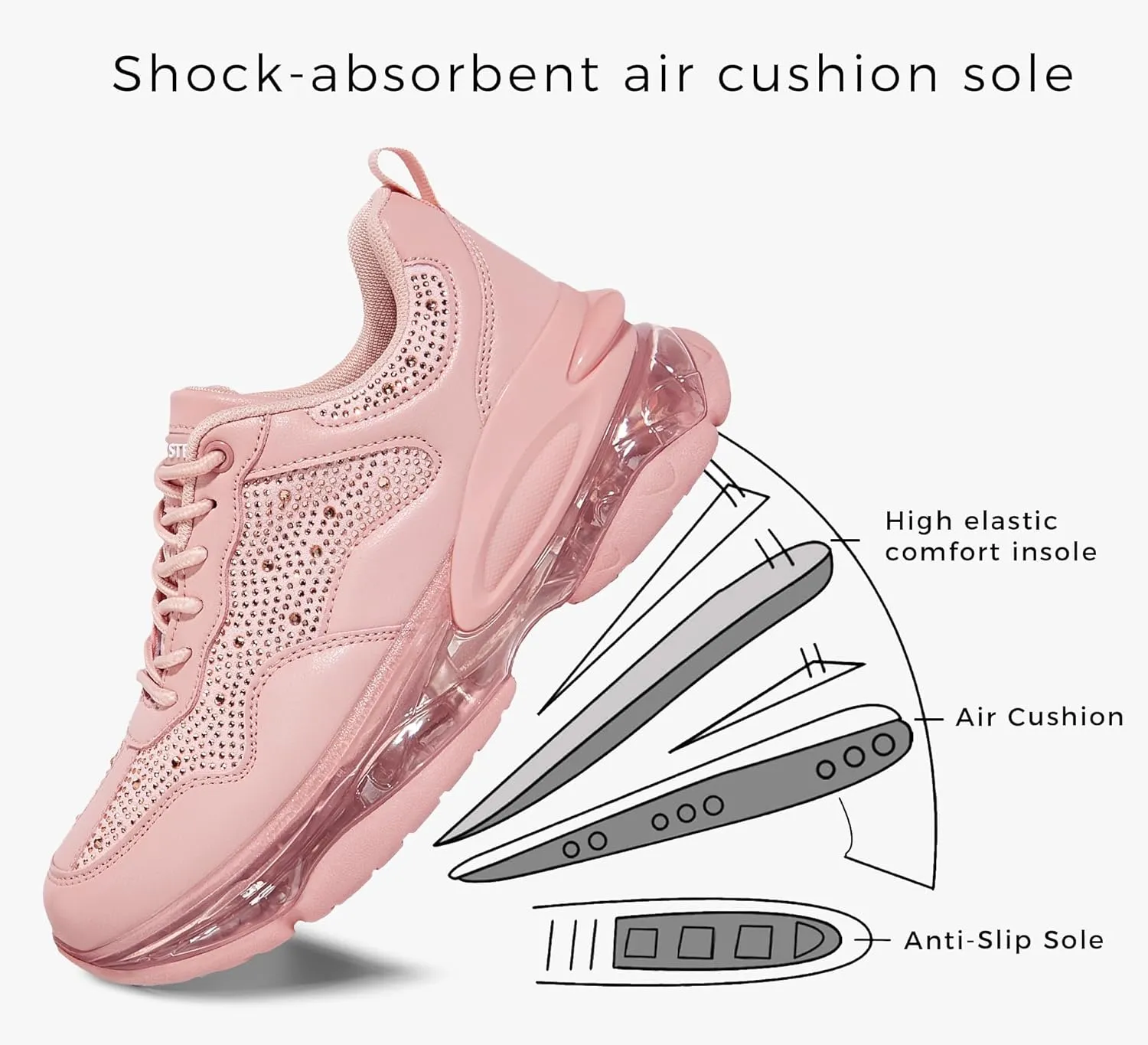 LUCKY STEP Women's Air Cushion Rhinestone Fashion Sneakers Chunky Rave Sparkly Casual Comfortable Walking Shoes