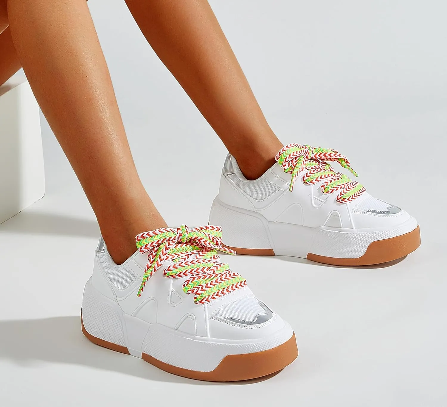 LUCKY STEP Women’s Platform Fashion Sneakers Lace up Casual Faux Leather Comfortable Thick Sole Tennis Walking Shoes