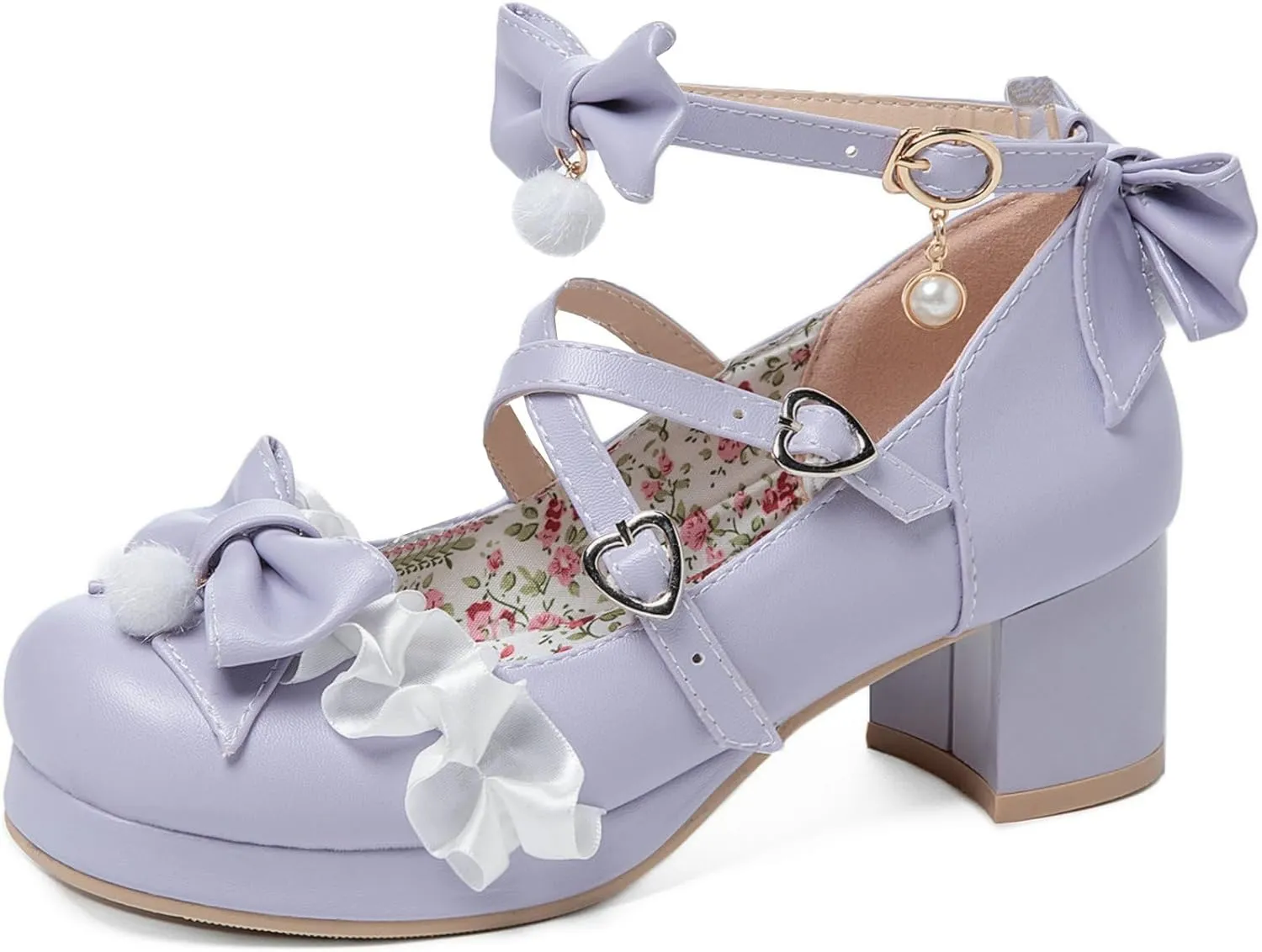 LUXMAX Ankle Strap Pumps Kawaii Shoes for Women Chunky Heel Bow Mary Janes Platform Pumps with Buckle Lace Cute Pumps