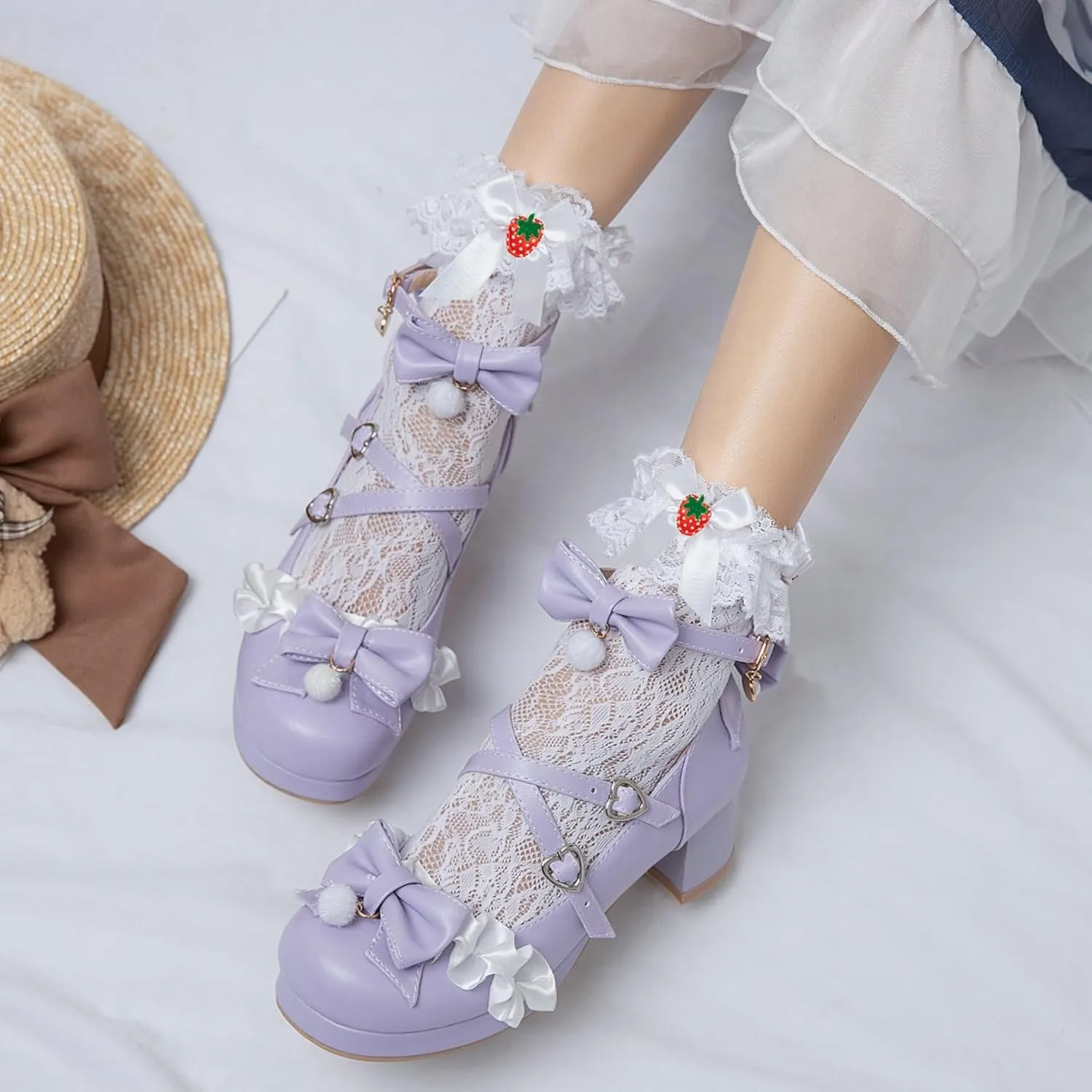LUXMAX Ankle Strap Pumps Kawaii Shoes for Women Chunky Heel Bow Mary Janes Platform Pumps with Buckle Lace Cute Pumps