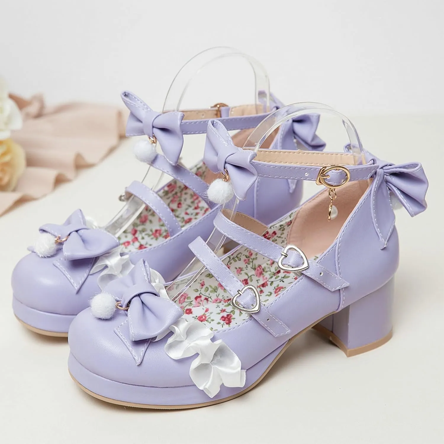 LUXMAX Ankle Strap Pumps Kawaii Shoes for Women Chunky Heel Bow Mary Janes Platform Pumps with Buckle Lace Cute Pumps