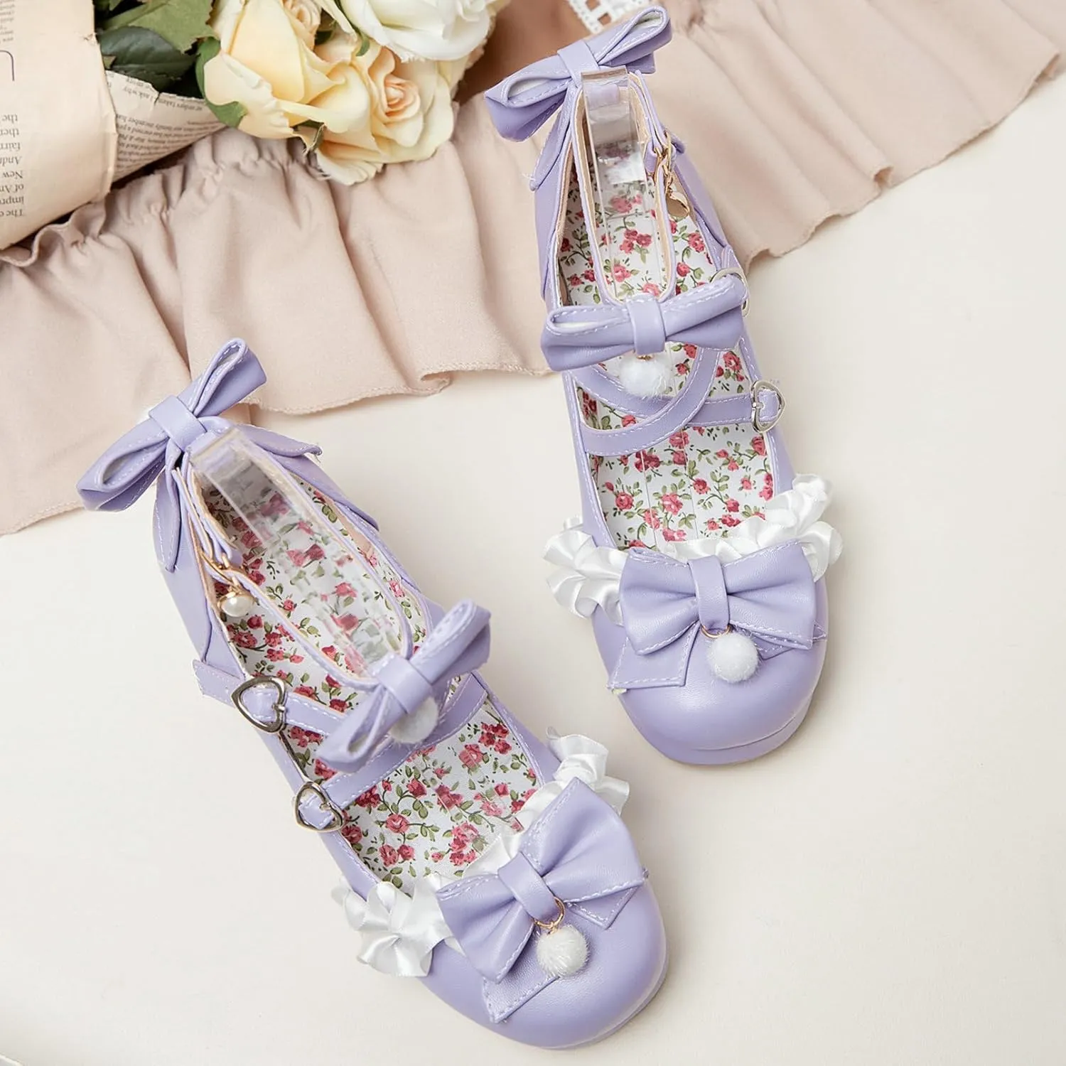 LUXMAX Ankle Strap Pumps Kawaii Shoes for Women Chunky Heel Bow Mary Janes Platform Pumps with Buckle Lace Cute Pumps