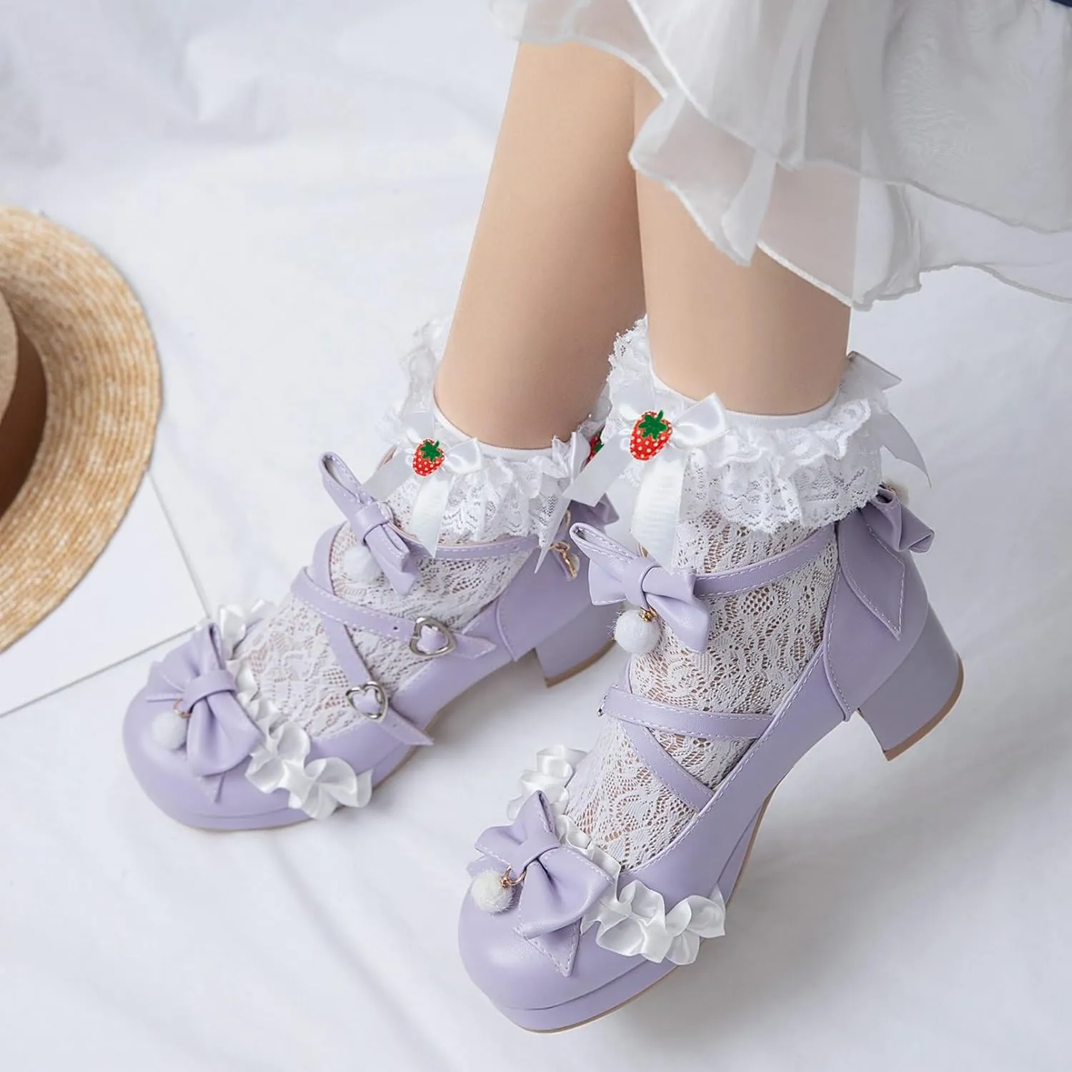 LUXMAX Ankle Strap Pumps Kawaii Shoes for Women Chunky Heel Bow Mary Janes Platform Pumps with Buckle Lace Cute Pumps