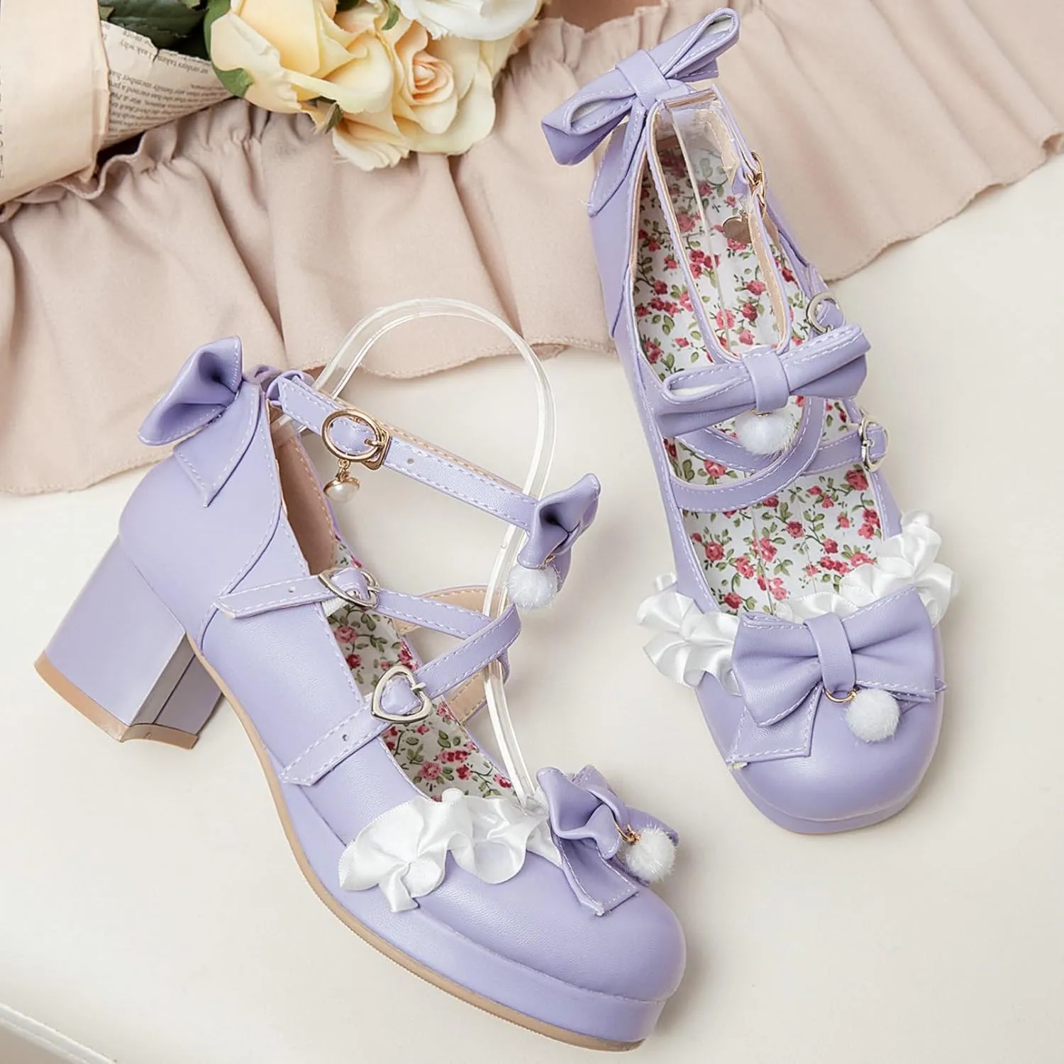 LUXMAX Ankle Strap Pumps Kawaii Shoes for Women Chunky Heel Bow Mary Janes Platform Pumps with Buckle Lace Cute Pumps