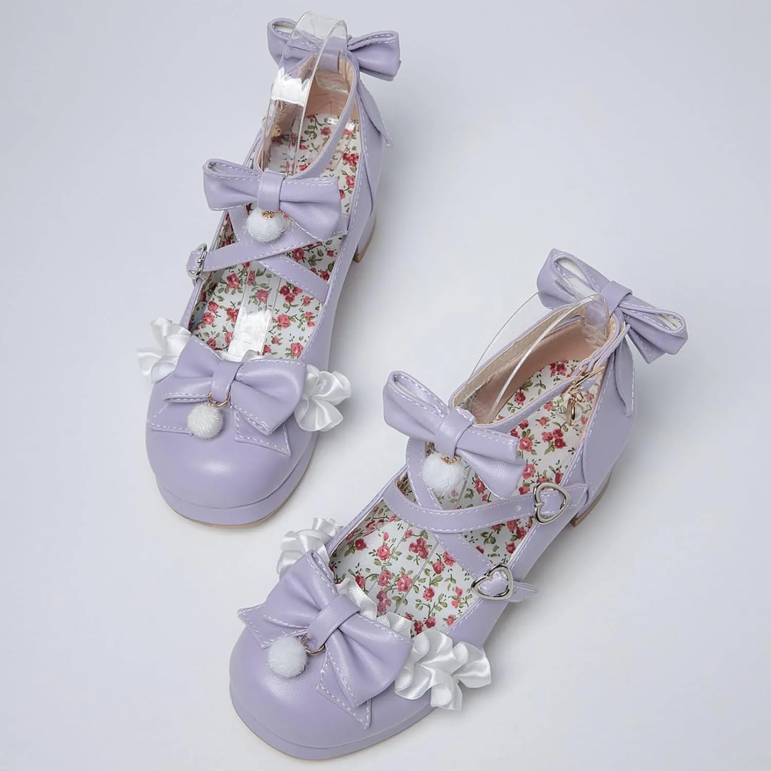 LUXMAX Ankle Strap Pumps Kawaii Shoes for Women Chunky Heel Bow Mary Janes Platform Pumps with Buckle Lace Cute Pumps