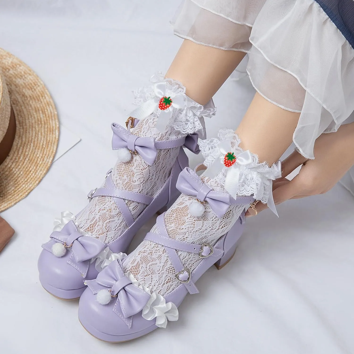 LUXMAX Ankle Strap Pumps Kawaii Shoes for Women Chunky Heel Bow Mary Janes Platform Pumps with Buckle Lace Cute Pumps