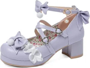 LUXMAX Ankle Strap Pumps Kawaii Shoes for Women Chunky Heel Bow Mary Janes Platform Pumps with Buckle Lace Cute Pumps
