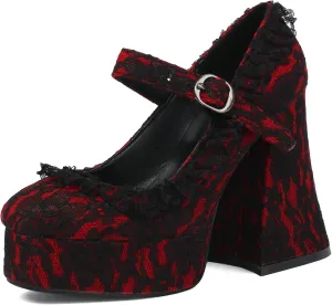 LUXMAX Women's Goth Lolita Shoes Platform Mary Janes Chunky Heel Pumps Lace Flower Gothic Heels Cosplay Shoes