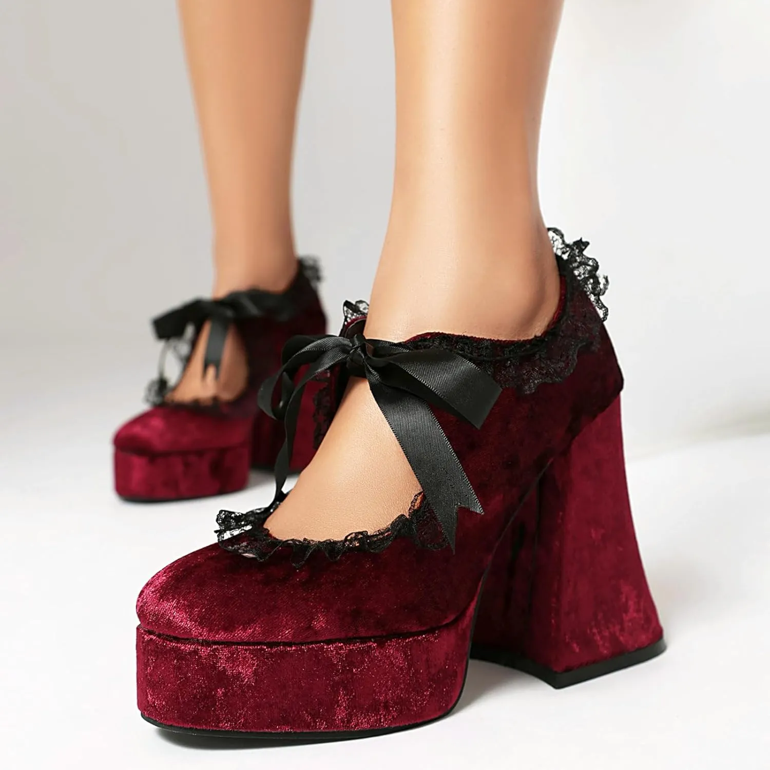 LUXMAX Women's Goth Lolita Shoes Platform Mary Janes Chunky Heel Pumps Lace Flower Gothic Heels Cosplay Shoes