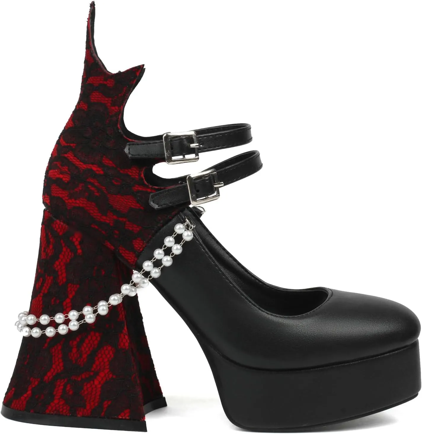 LUXMAX Women's Goth Lolita Shoes Platform Mary Janes Chunky Heel Pumps Lace Flower Gothic Heels Cosplay Shoes