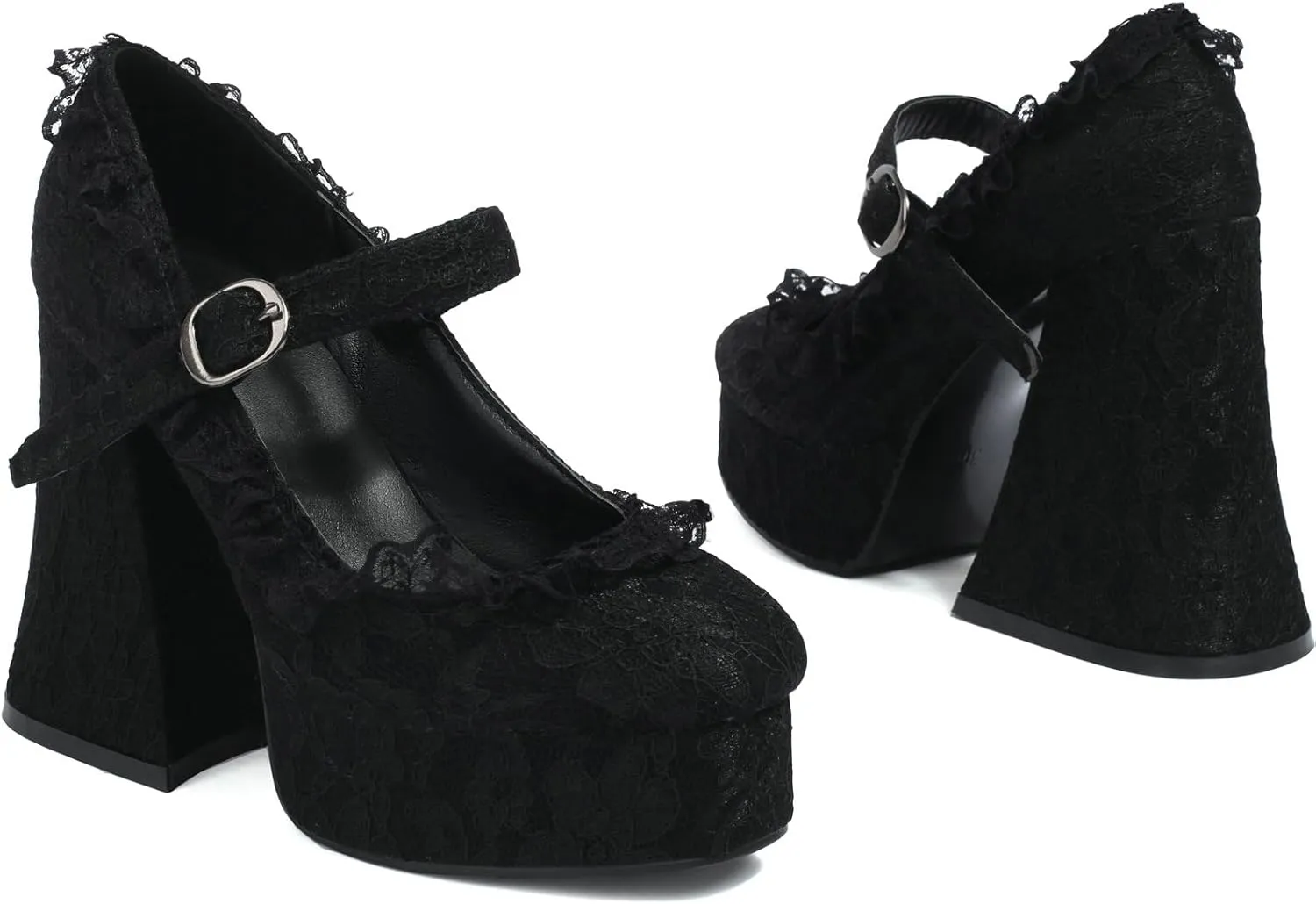LUXMAX Women's Goth Lolita Shoes Platform Mary Janes Chunky Heel Pumps Lace Flower Gothic Heels Cosplay Shoes