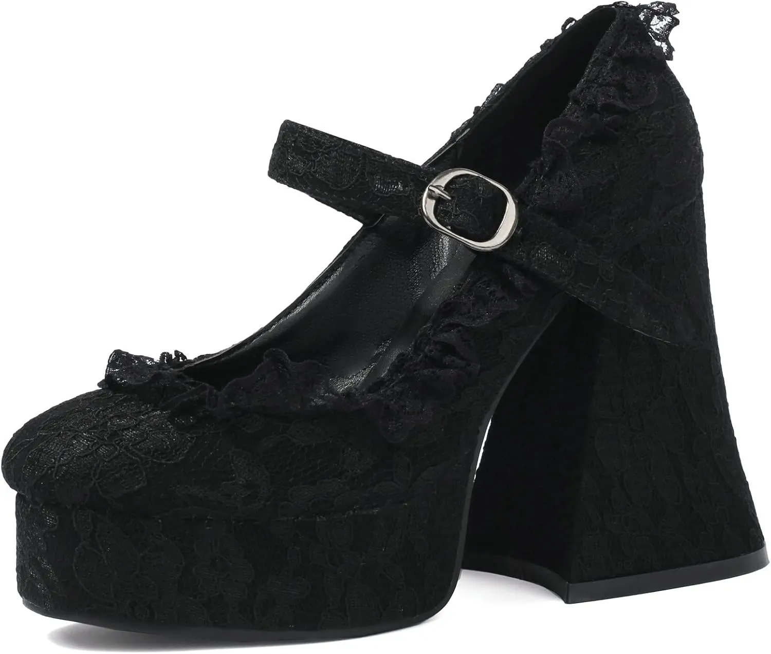 LUXMAX Women's Goth Lolita Shoes Platform Mary Janes Chunky Heel Pumps Lace Flower Gothic Heels Cosplay Shoes
