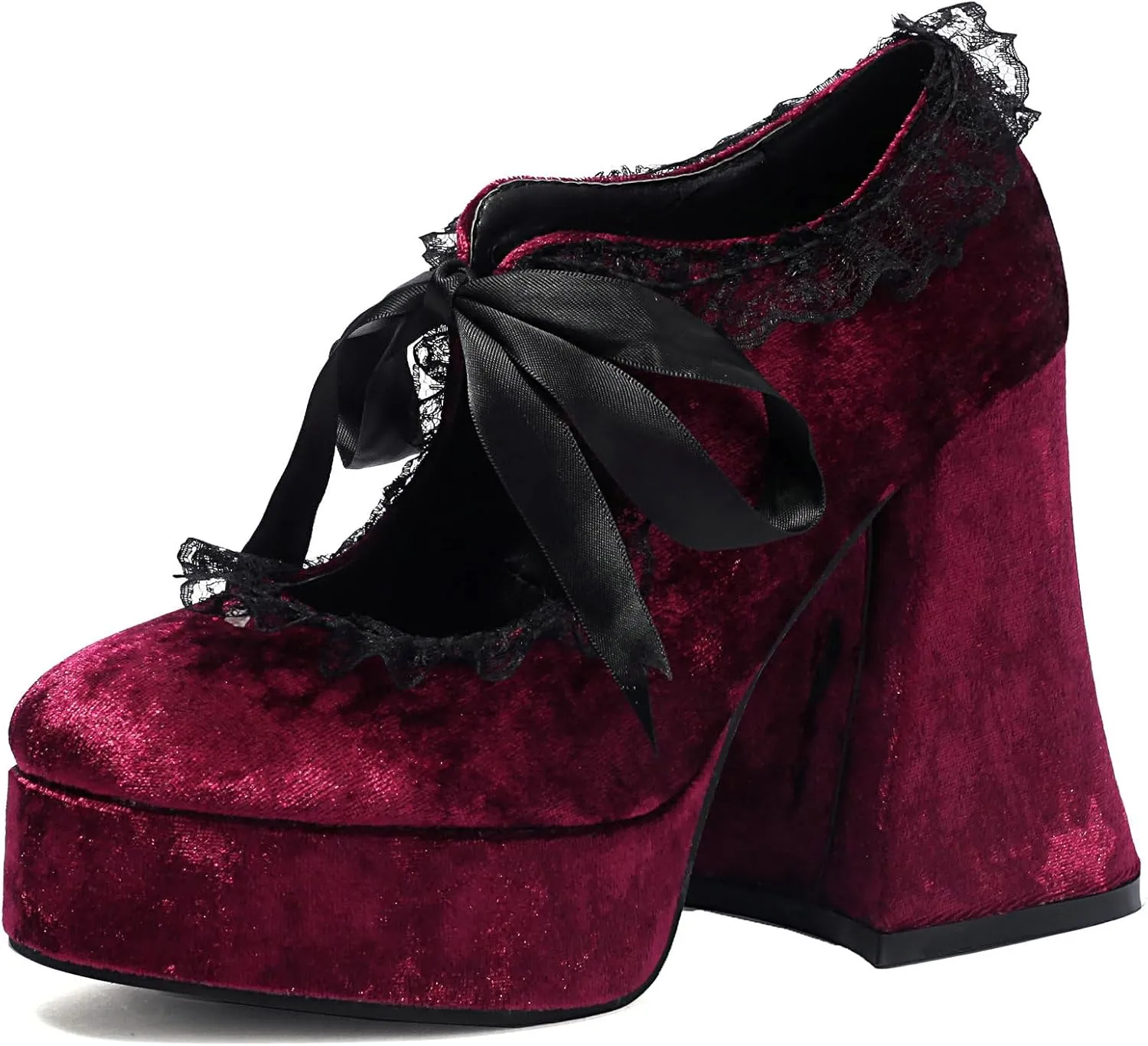 LUXMAX Women's Goth Lolita Shoes Platform Mary Janes Chunky Heel Pumps Lace Flower Gothic Heels Cosplay Shoes