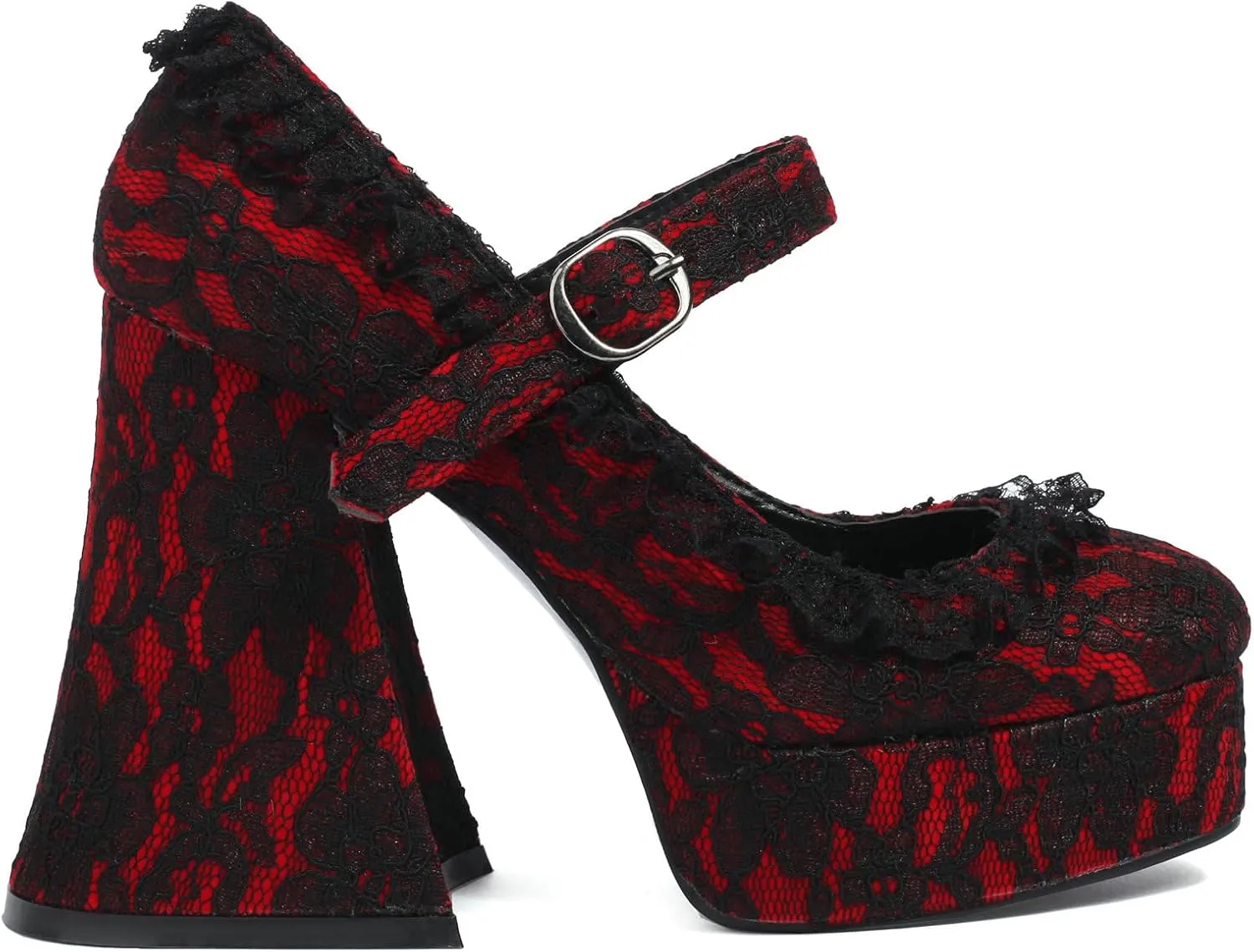 LUXMAX Women's Goth Lolita Shoes Platform Mary Janes Chunky Heel Pumps Lace Flower Gothic Heels Cosplay Shoes